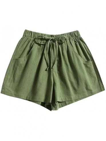 Bottoms Cotton and Linen Shorts Women's Drawstring Shorts Solid Color Shorts Summer Pajama Home Casual Pants - Army Green - C...