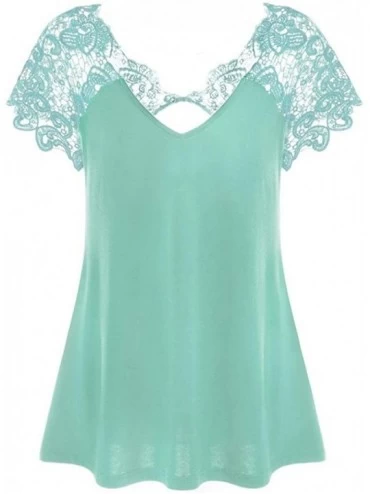 Shapewear Womens T-Shirt Fashion Tops V-Neck Plus Size Lace Short Sleeve Trim Cutwork - Sky Blue - CJ18EQQUU3Q $26.70