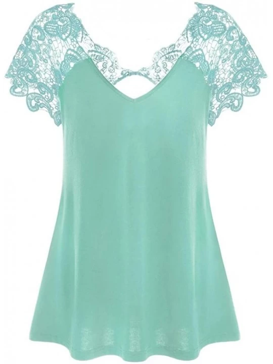 Shapewear Womens T-Shirt Fashion Tops V-Neck Plus Size Lace Short Sleeve Trim Cutwork - Sky Blue - CJ18EQQUU3Q $13.35