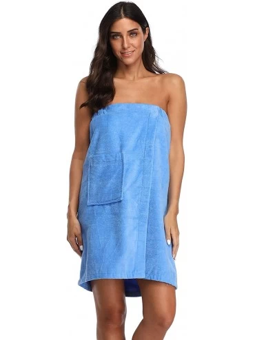 Robes Women's Spa Towel Wrap-100% Cotton Shower Bath Body Wrap with Pocket - Sky Blue - CB18ALQQAKD $40.12