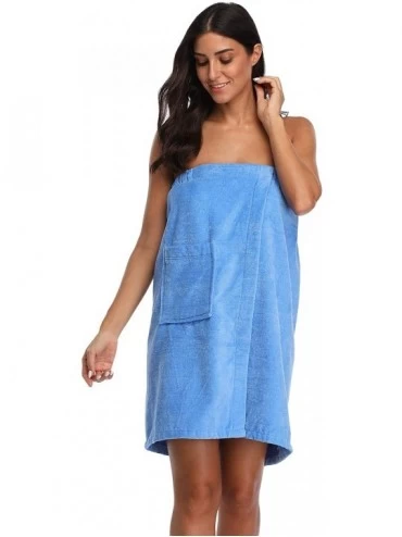 Robes Women's Spa Towel Wrap-100% Cotton Shower Bath Body Wrap with Pocket - Sky Blue - CB18ALQQAKD $17.72