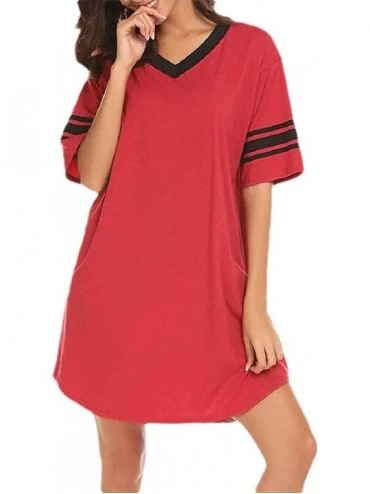 Nightgowns & Sleepshirts Women's Plus-Size V-Neck Splice Cotton Micro Modal Casual Sleep Dres - Red - CC19CK5O5KE $48.19