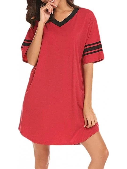 Nightgowns & Sleepshirts Women's Plus-Size V-Neck Splice Cotton Micro Modal Casual Sleep Dres - Red - CC19CK5O5KE $20.46