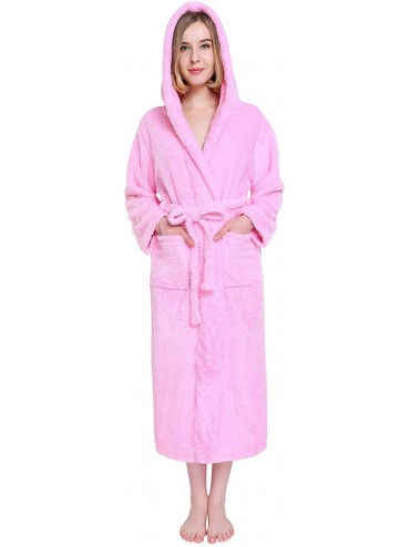 Robes Womens Hooded Robes Plush Bathrobe Warm Fleece Robe - Pink - C0186Z0S0DL $59.09