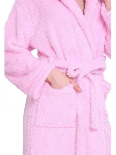 Robes Womens Hooded Robes Plush Bathrobe Warm Fleece Robe - Pink - C0186Z0S0DL $24.45