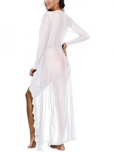 Robes Women's Sexy Thin Mesh Long Sleeve Tie Swimsuit Beach Maxi Cover Up Dress - White - C11907TY4CG $23.95