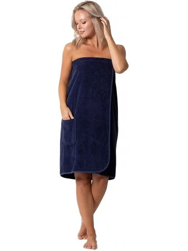 Robes Women's Terry Cloth Spa and Bath Towel Wrap with Adjustable Closure & Elastic Top - Navy - CK18ZZQEL0D $50.43