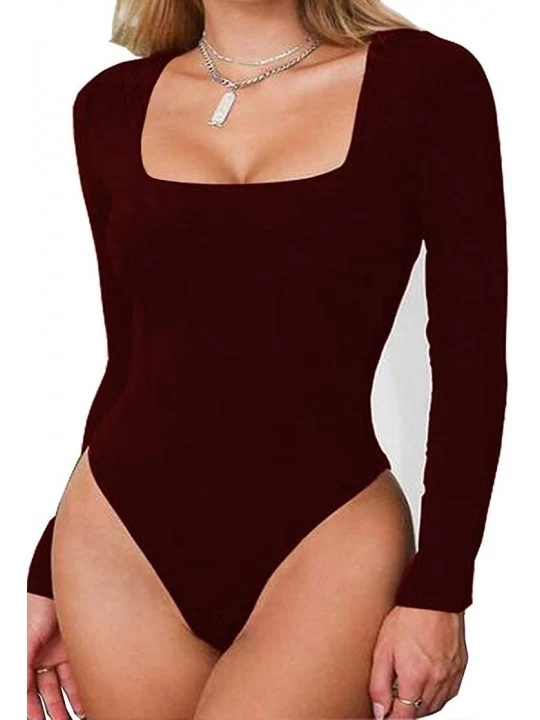 Shapewear Women's Sexy Long Sleeves Round Neck Basic Leotard Bodysuit Jumpsuit - Purplish Red 1 - CX18AEDDK3H $18.63