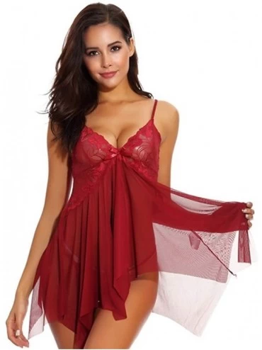 Baby Dolls & Chemises Babydoll Lingerie for Women Honeymoon V Neck Chemise Sexy Exotic Open Front Negligee - Wine Red - CX197...