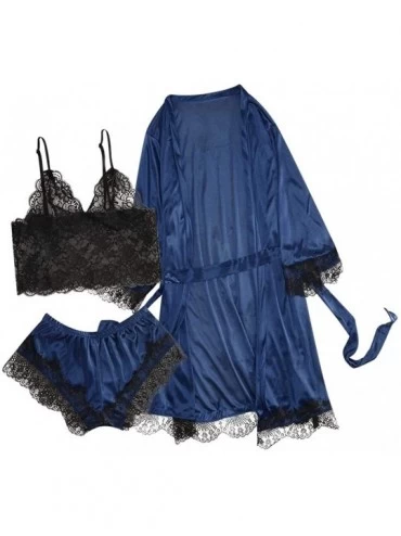 Sets Women's 3pcs Pajama Sets Elegance Sleepwear Sets Satins Lace Sleepwear Robe Shorts Home Wear Clothes - Navy - C218ZLA38D...