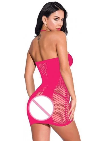 Tops Women Fishnet Lingerie Sleepwear V-Neck Babydoll One Piece Mini Dress One Size Chemise Nightwear - Hot Pink - CS18W7M0TY...