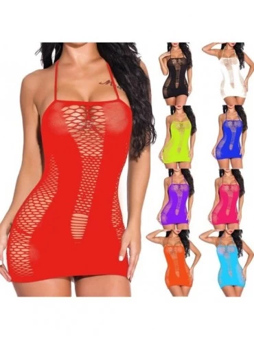 Tops Women Fishnet Lingerie Sleepwear V-Neck Babydoll One Piece Mini Dress One Size Chemise Nightwear - Hot Pink - CS18W7M0TY...