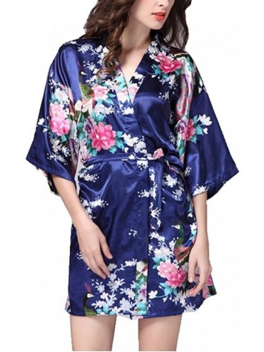 Robes Womens Summer Loungewear Silk Satin Kimono Robes Floral Printed Short Style - Navy Blue - CB17WXT7IW4 $30.20