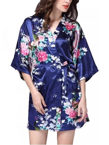 Robes Womens Summer Loungewear Silk Satin Kimono Robes Floral Printed Short Style - Navy Blue - CB17WXT7IW4 $14.75