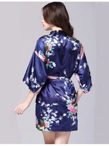 Robes Womens Summer Loungewear Silk Satin Kimono Robes Floral Printed Short Style - Navy Blue - CB17WXT7IW4 $14.75