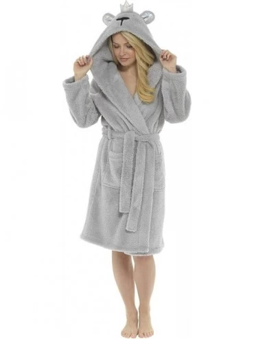 Robes Womens Luxury Soft Coral Fleece Novelty Animal 3D Dressing Gown Robe Hood Various Designs - Bear Crown - Grey - CL19232...