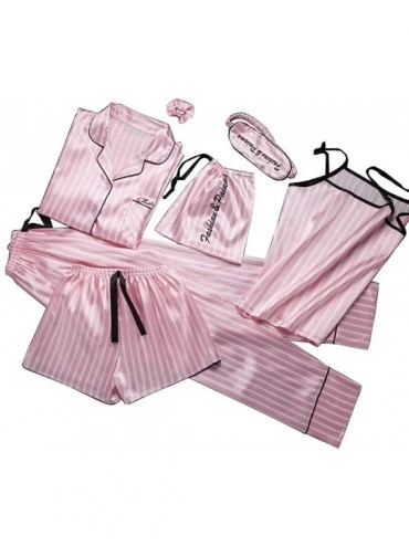 Sets Kawaii Women Pajamas Set Satin Silk Pink 7 Pieces Sets Sleeping Pyjamas Homewear - Striped Pink - CQ18UYH425L $64.88