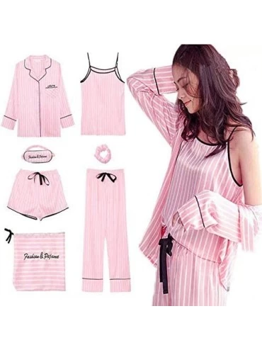 Sets Kawaii Women Pajamas Set Satin Silk Pink 7 Pieces Sets Sleeping Pyjamas Homewear - Striped Pink - CQ18UYH425L $38.57