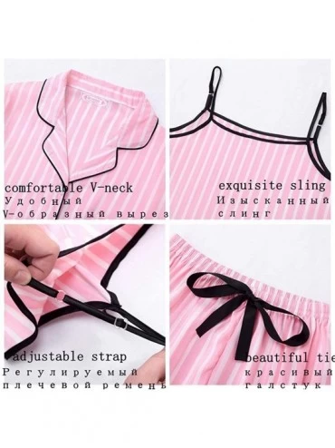 Sets Kawaii Women Pajamas Set Satin Silk Pink 7 Pieces Sets Sleeping Pyjamas Homewear - Striped Pink - CQ18UYH425L $38.57