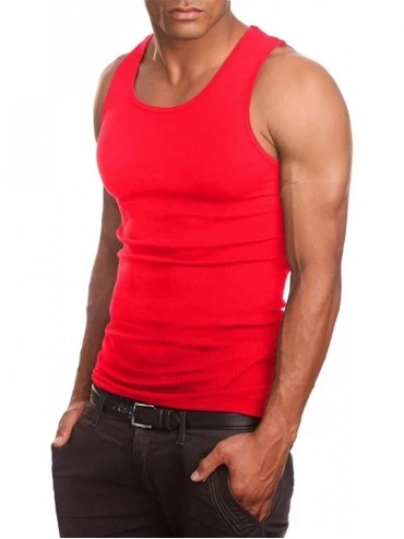 Undershirts Men's Everyday Active Comfy Ribbed Knit Cotton A-Shirts Undershirts Sleeveless Tank Tops S-5XL - Red - C518Q0TYMD...