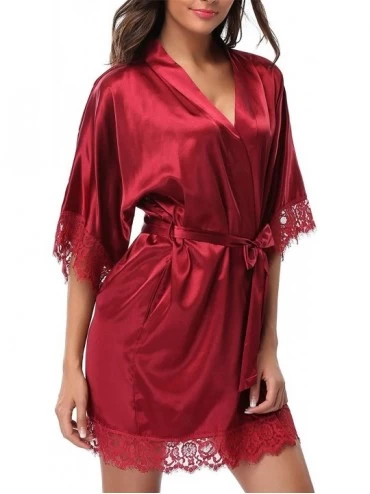 Robes Women's Lace Trim Kimono Robe Bride Bridesmaids Wedding Shower Satin Short Robe - Red - C61825KRR8G $15.41