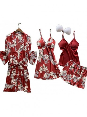 Sets Women's 4pcs Silk Satin Pajama Set Cami Top Nightgown Lace Sleepwear Robe Sets Sexy Nightdress with Chest Pads - Redflow...