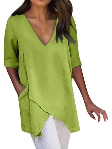 Slips Fashion Women V Neck 3/4 Sleeve Solid Irregular Tops Loose Casual Pockets Blouses Shirts - Green 1 - CT18XH72XOE $27.88