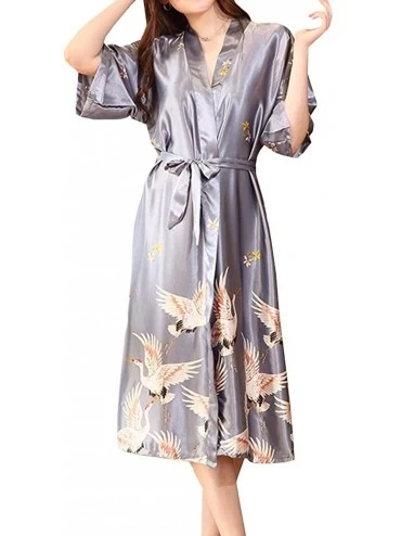 Robes Women Japanese Kimono Jacket Coat Yukata Outwear Faux Silk Crane Long Bathrobe Tops - Gray - CA19E2WWA0O $42.96