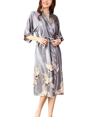 Robes Women Japanese Kimono Jacket Coat Yukata Outwear Faux Silk Crane Long Bathrobe Tops - Gray - CA19E2WWA0O $18.83