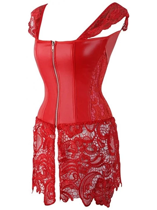 Bustiers & Corsets Faux Leather Hollow Ribbon Corset for Women Front Bandage Back Zipper - Red - CI18DWY0U3R $31.21