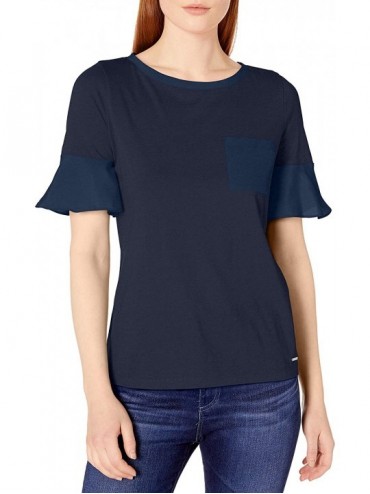 Tops Women's Short Knit Top with Woven Ruffle Sleeve - Navy Seas - C31820KWYQT $25.87