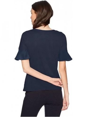 Tops Women's Short Knit Top with Woven Ruffle Sleeve - Navy Seas - C31820KWYQT $25.87