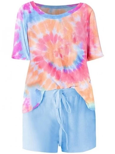 Sets Women Tie Dye Printed Sleepwear Lounge Short Sleeve Pajama Set Night Shirt with Shorts - Pink - CX1903NN4OX $27.55