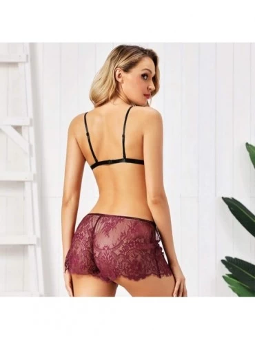 Bras New Women Floral Lace Bra Backless Shorts Underwear Pajamas Sleepwear Lingerie - Wine - C318ZW4RNZD $9.77
