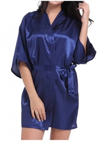 Robes Women Satin Robe Sexy V-Neck Letter Print Silky Kimono Bathrobe Nightgown Sleepwear - Dark Blue - CG194TDAZ64 $27.93