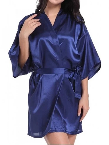 Robes Women Satin Robe Sexy V-Neck Letter Print Silky Kimono Bathrobe Nightgown Sleepwear - Dark Blue - CG194TDAZ64 $13.77