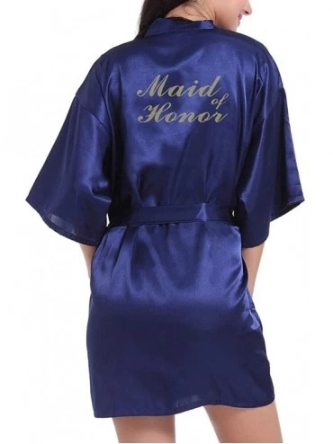 Robes Women Satin Robe Sexy V-Neck Letter Print Silky Kimono Bathrobe Nightgown Sleepwear - Dark Blue - CG194TDAZ64 $13.77