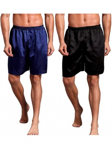 Sleep Bottoms Men's Satin Boxers Silk Sleepwear Underwear Shorts Boxers - 2 Pack(black+blue) - CD18NED9IQN $36.81