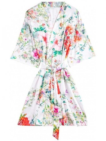 Robes Women's Kimono Robes Satin Flower Printed Short Style Wrap V-Neck Bathrobe Bride Dressing Gown - White - CT18SL29GDK $3...