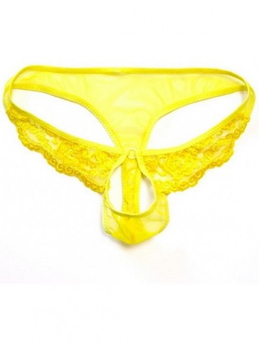 G-Strings & Thongs Men's Lace Hole Bulge Pouch Erotic Devil G-Strings Thongs Lingerie - Yellow - CR11RTFPYOX $26.43