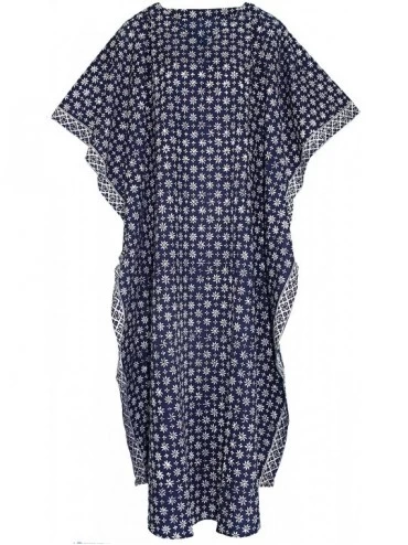 Nightgowns & Sleepshirts Women Hand Blocked Batik Cotton Caftan Kaftan Loungewear Maxi Plus Size Long Dress - Dark Blue-14243...