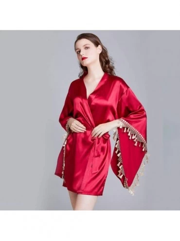 Robes Luxury Sleepwear for Women Fashion Silky Satin Kimono Robes Full Slip Bathrobe with Tassels Classic Bride Pajamas Wine ...
