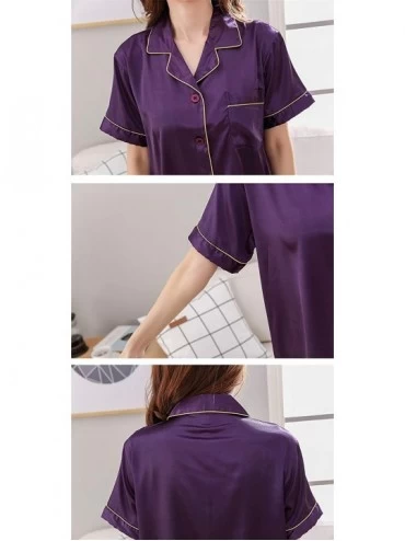 Sets Men's Women's Couple Silk Satin Pajama Sets 2 Pieces Sleepwear Set Loungewear Pajamas - Women/Short Sleeve purple - CC18...