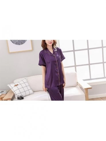 Sets Men's Women's Couple Silk Satin Pajama Sets 2 Pieces Sleepwear Set Loungewear Pajamas - Women/Short Sleeve purple - CC18...