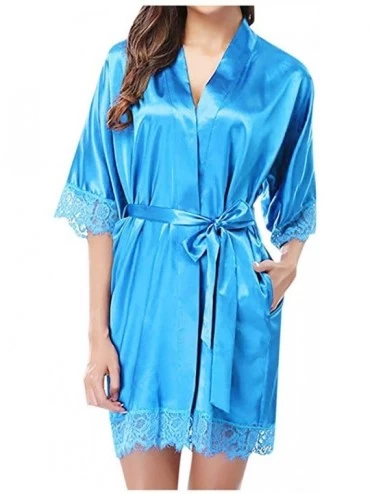 Robes Women Sleepwear Kimono Robes Woman Sleeping Dress Lace Nightwear Bathrobe Pajamas with Oblique V-Neck - Blue - CH18A0R3...