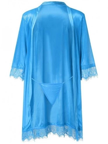 Robes Women Sleepwear Kimono Robes Woman Sleeping Dress Lace Nightwear Bathrobe Pajamas with Oblique V-Neck - Blue - CH18A0R3...