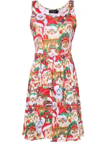 Thermal Underwear Cat Christmas Hat Printed Dress-Women O-Neck Christmas Sleeveless Dress - Multicolor - CK18ZXYL272 $18.97