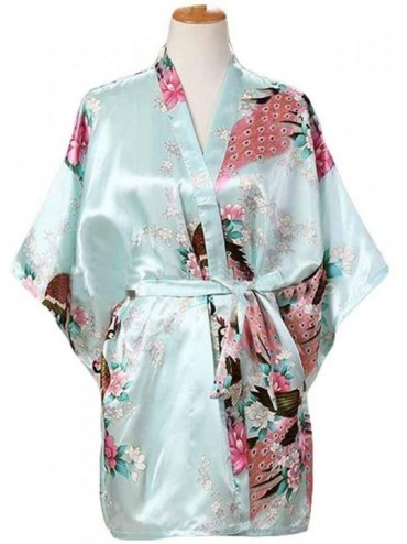 Robes Light Blue-Women's Silk-Like Pajamas Short Bathrobe Kimono Robe Peacock/Blossoms - CF18KOODXUK $52.52