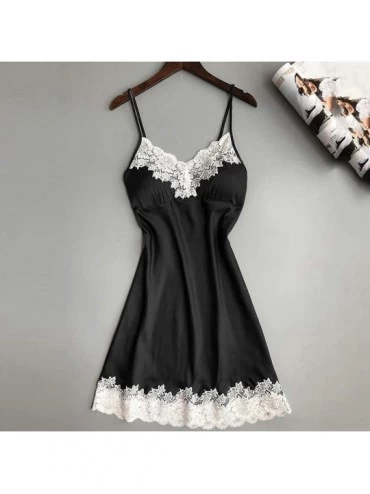 Sets Women's Silky Sleepwear V Neck Pajama with Chest Pads Sexy Floral Lace Nightwear - Black - C91958L3DLR $8.54