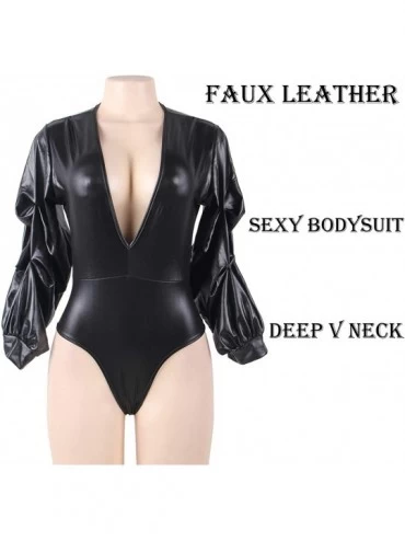 Shapewear Leather Bodysuit Lingerie for Women Sexy Plus Size One Piece Teddy Deep V Neck Clubwear Leotard Catsuit Black - Bla...